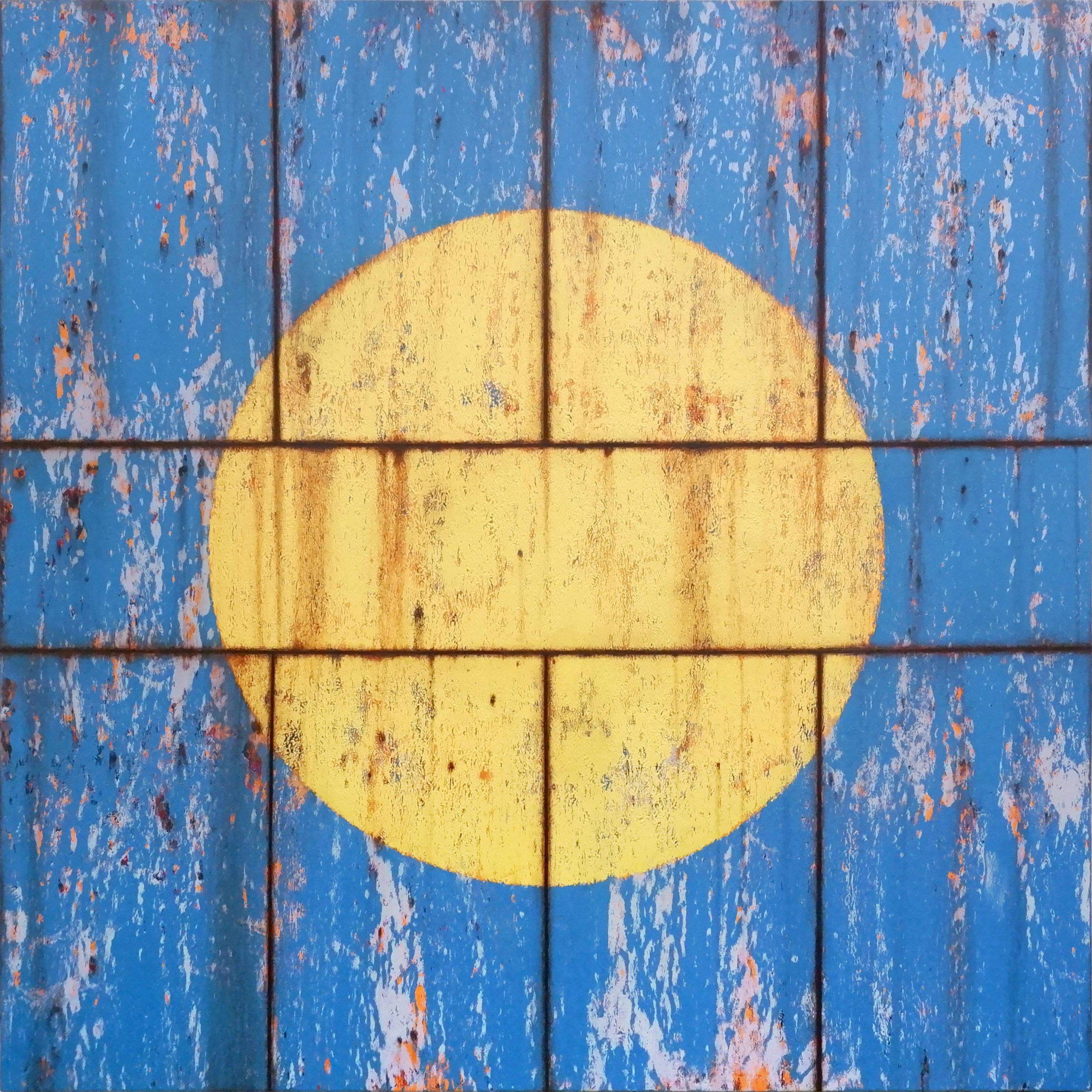 A picture of a corroded yellow circle on a rusty blue background.